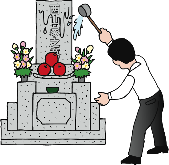 花やお供物を供え、墓石に水をかけて清めます。